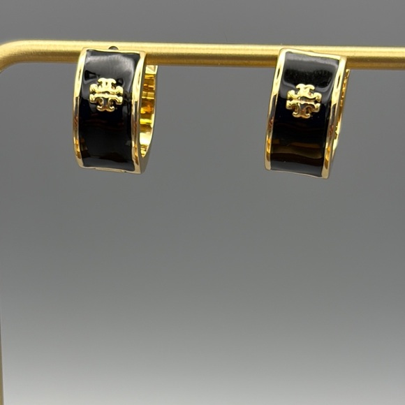 Tory Burch Kira Gold and Black Enamel Hinged Hoop Earrings - Picture 1 of 4
